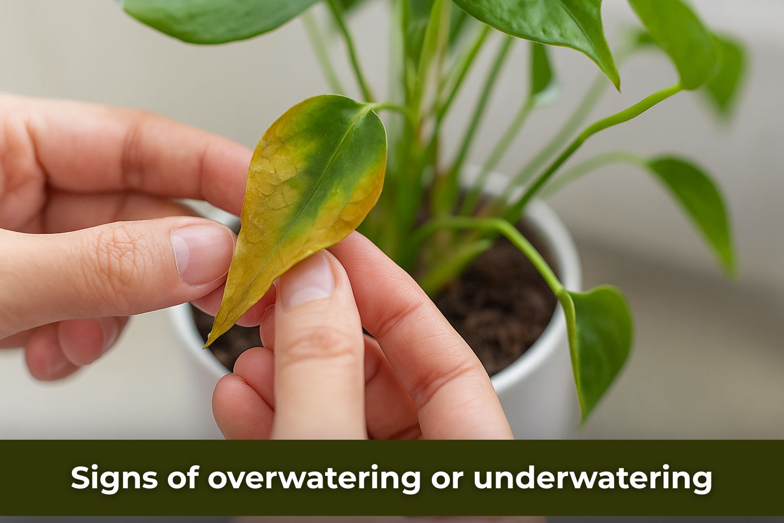 Close-up of the person holding a curled, wilting leaf showing signs of overwatering or underwatering, highlighting common indoor plant care problems with soil and leaf stress.